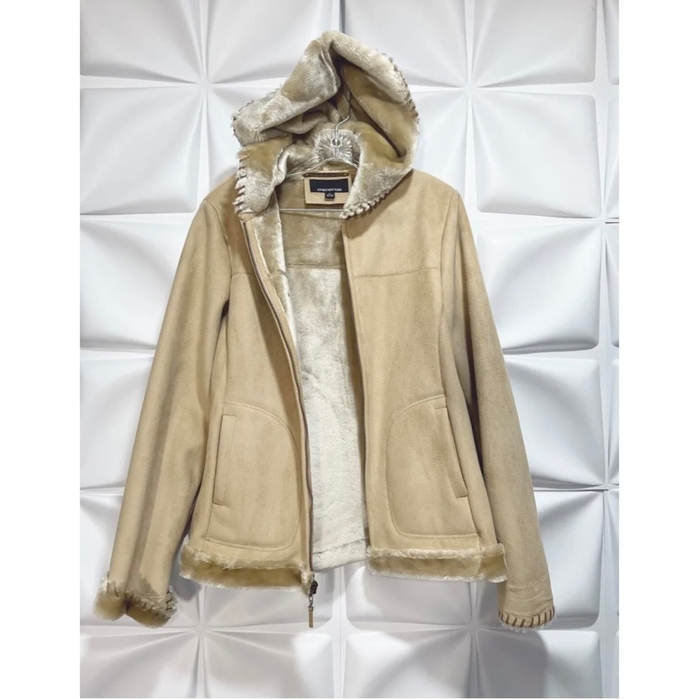 Jones New York Womens Sz M Faux Fur Lined Plush Suede Zip Up Hooded Coat Jacket